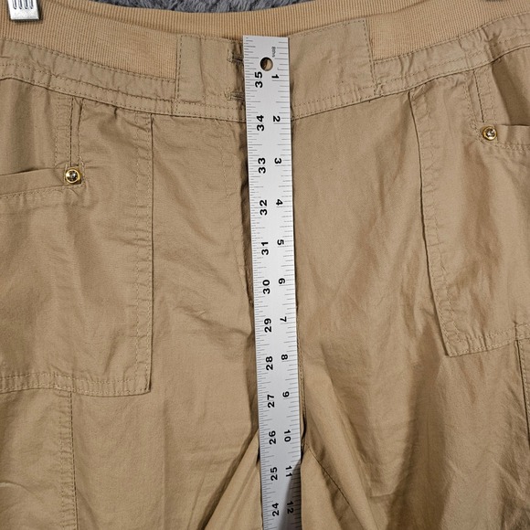 Boho Beach Khaki Cargo Capri Pants Women 4P Tan Utility Cropped Trousers Pockets - Picture 3 of 9